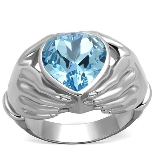 JCE1775 High polished (no plating) Stainless Steel Ring with Top Grade Crystal in Sea Blue