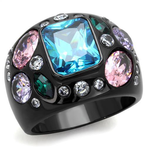 JCE1790 IP Black(Ion Plating) Stainless Steel Ring with AAA Grade CZ in Sea Blue