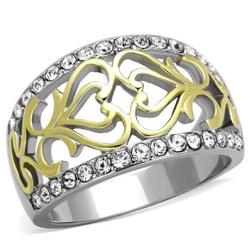JCE1792 Two-Tone IP Gold (Ion Plating) Stainless Steel Ring with Top Grade Crystal in Clear