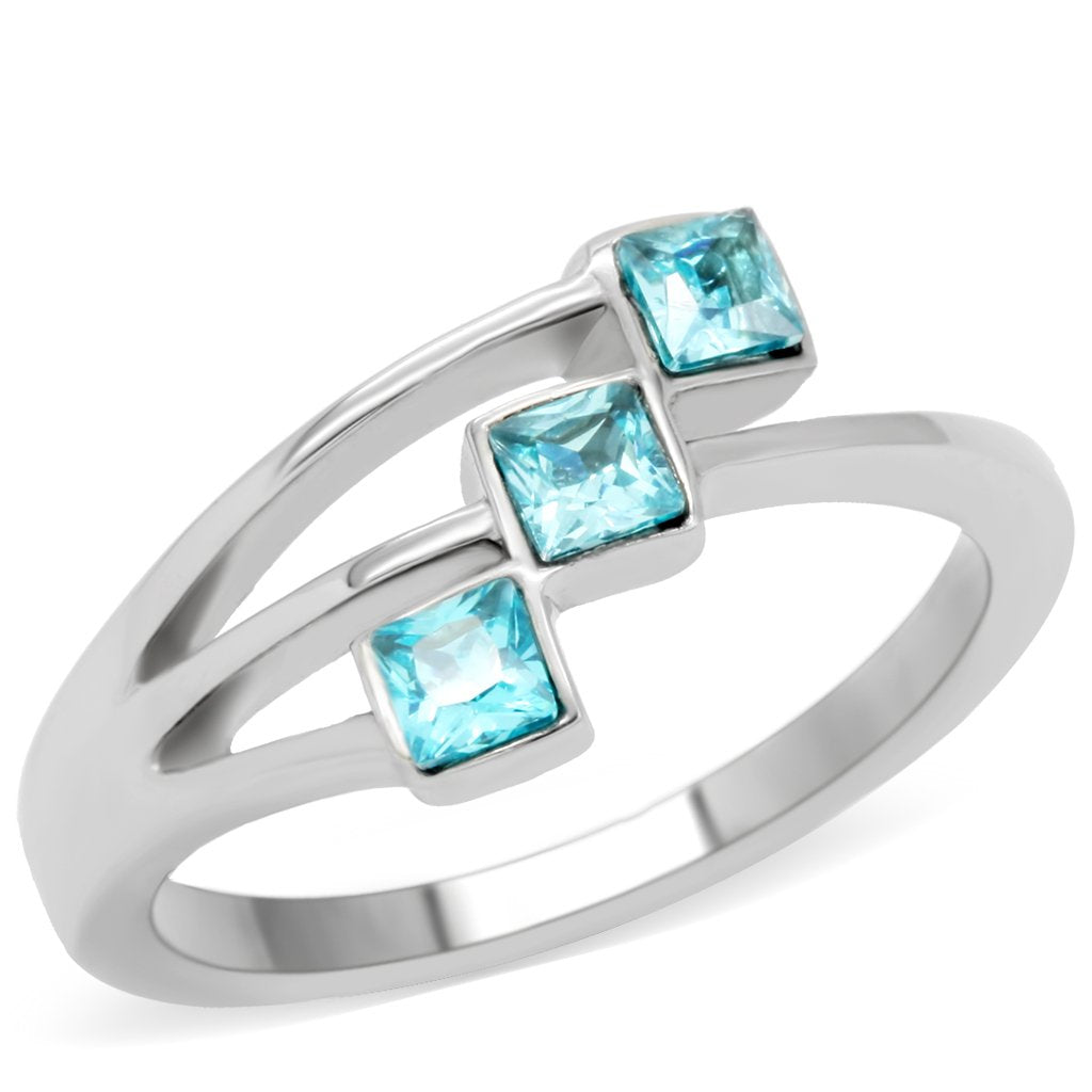 JCE180 High polished (no plating) Stainless Steel Ring with Synthetic Synthetic Glass in Sea Blue
