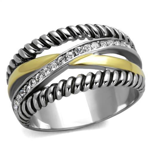 JCE1825 Two-Tone IP Gold (Ion Plating) Stainless Steel Ring with Top Grade Crystal in Clear