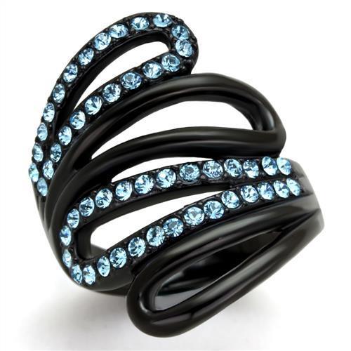 JCE1835 IP Black(Ion Plating) Stainless Steel Ring with Top Grade Crystal  in Sea Blue