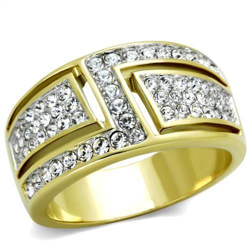 JCE1845 Two-Tone IP Gold (Ion Plating) Stainless Steel Ring with Top Grade Crystal  in Clear