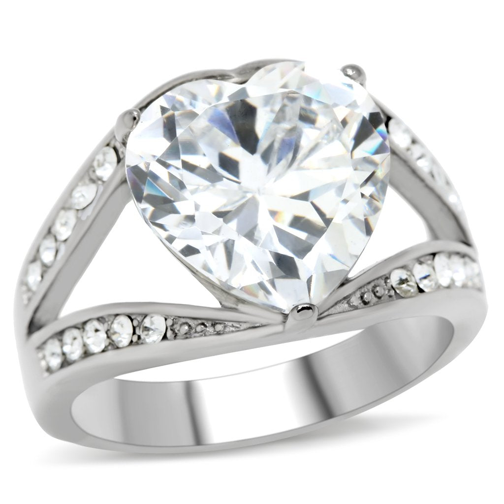 JCE185 High polished (no plating) Stainless Steel Ring with AAA Grade CZ in Clear