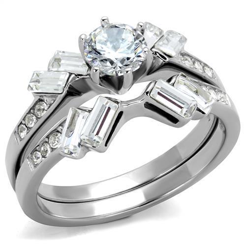 JCE1856 High polished (no plating) Stainless Steel Ring with AAA Grade CZ in Clear