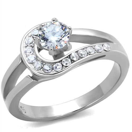 JCE1857 High polished (no plating) Stainless Steel Ring with AAA Grade CZ in Clear
