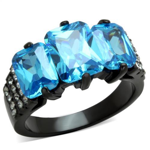 JCE1866 IP Black(Ion Plating) Stainless Steel Ring with AAA Grade CZ in Sea Blue