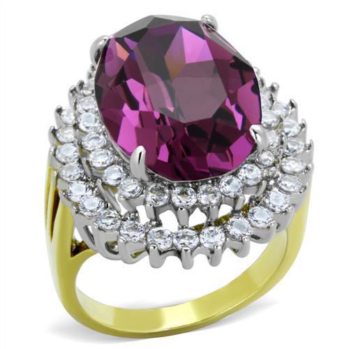 JCE1892 Two-Tone IP Gold (Ion Plating) Stainless Steel Ring with Top Grade Crystal  in Amethyst