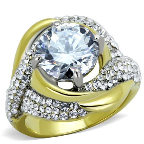 JCE1910 Two-Tone IP Gold (Ion Plating) Stainless Steel Ring with AAA Grade CZ in Clear