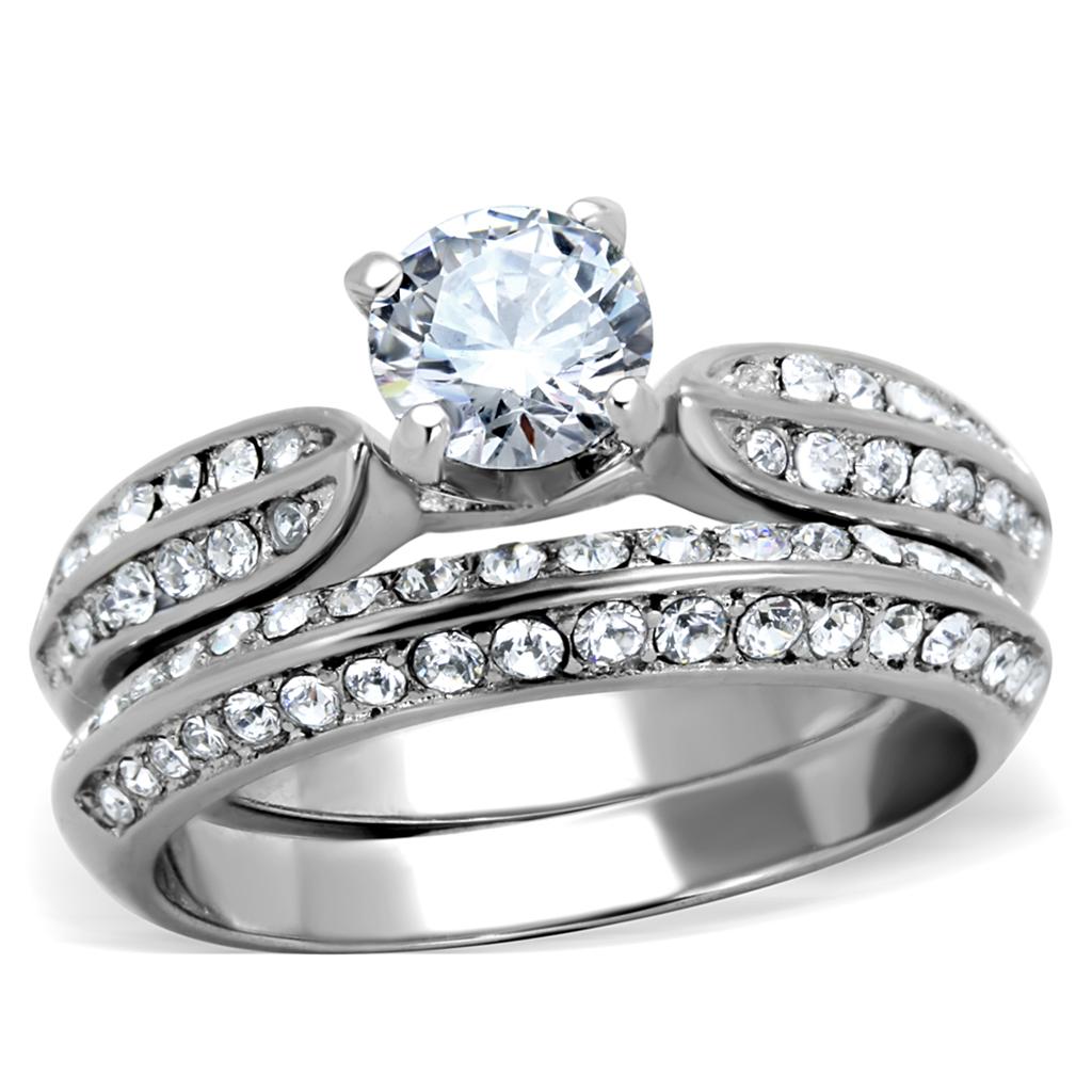JCE1920 High polished (no plating) Stainless Steel Ring with AAA Grade CZ in Clear