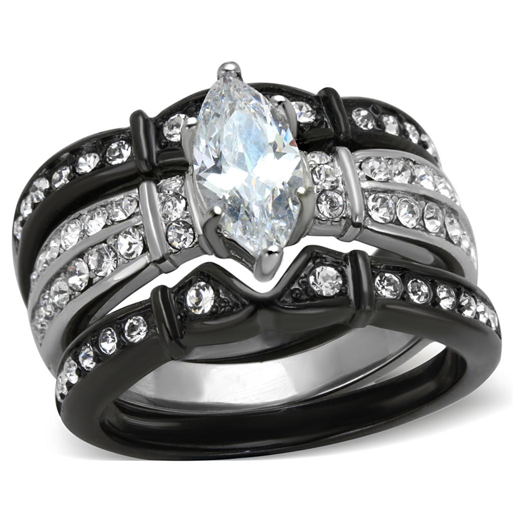 JCE1922 Two-Tone IP Black Stainless Steel Ring with AAA Grade CZ  in Clear