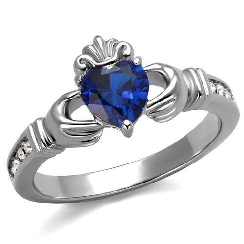JCE2093 High polished (no plating) Stainless Steel Ring with Synthetic Spinel in London Blue