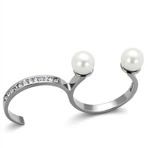 JCE2110 High polished (no plating) Stainless Steel Ring with Synthetic Pearl in White