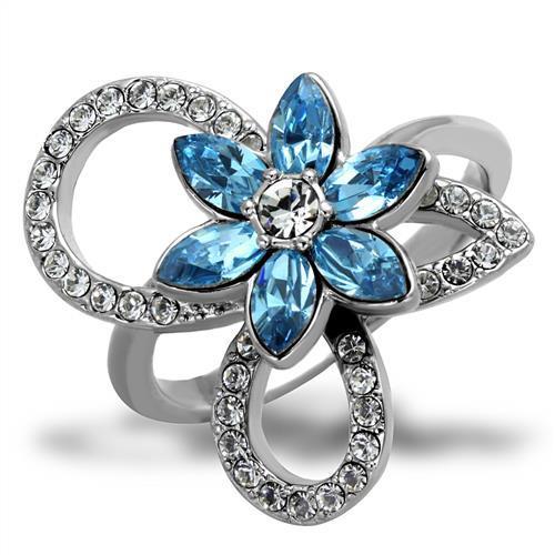 JCE2123 High polished (no plating) Stainless Steel Ring with Top Grade Crystal  in Sea Blue