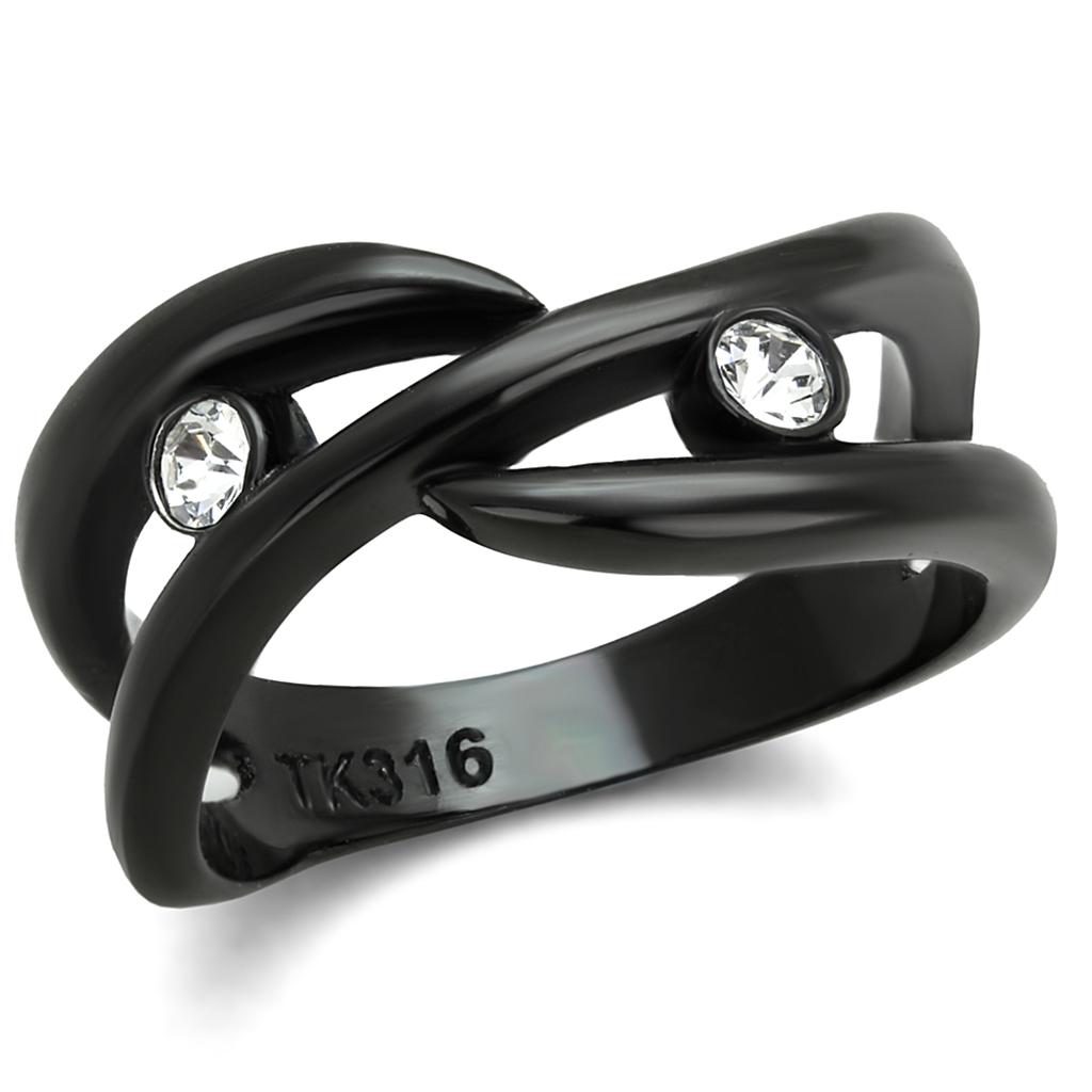 JCE2137 IP Black(Ion Plating) Stainless Steel Ring with Top Grade Crystal  in Clear