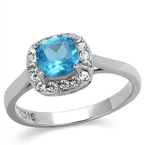 JCE2161 High polished (no plating) Stainless Steel Ring with Synthetic Synthetic Glass in Sea Blue