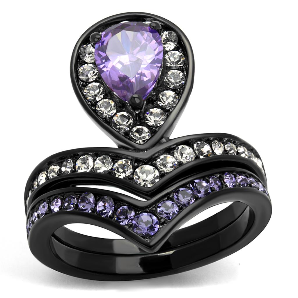 JCE2186 IP Black(Ion Plating) Stainless Steel Ring with AAA Grade CZ  in Amethyst