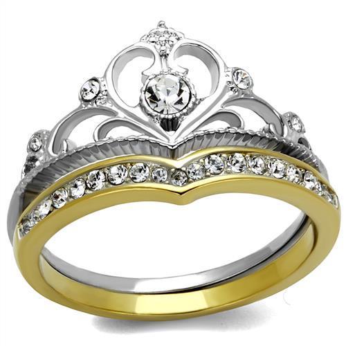 JCE2294 Two-Tone IP Gold (Ion Plating) Stainless Steel Ring with Top Grade Crystal  in Clear