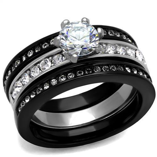 JCE2304 Two-Tone IP Black (Ion Plating) Stainless Steel Ring with AAA Grade CZ  in Clear