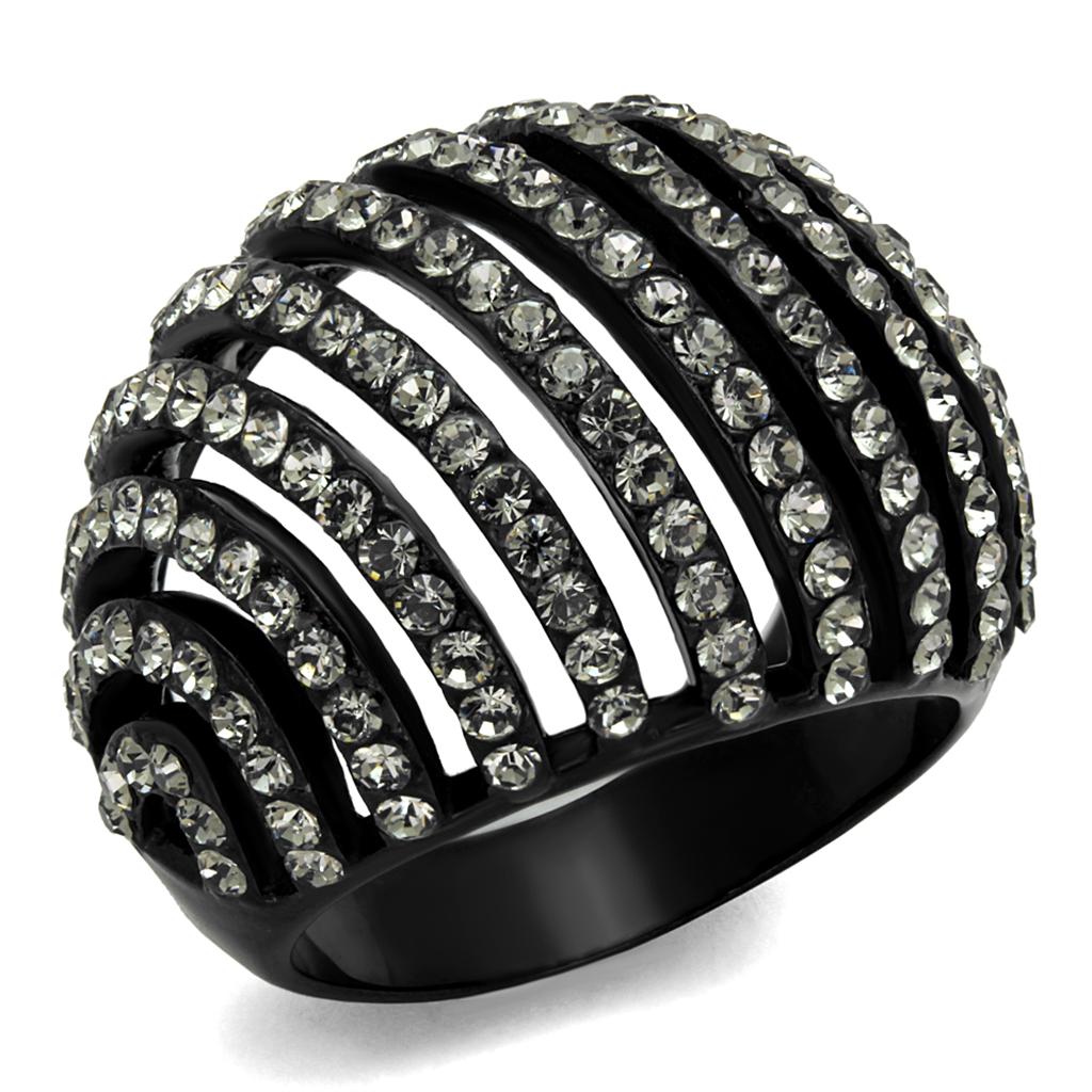 JCE2345 IP Black(Ion Plating) Stainless Steel Ring with Top Grade Crystal  in Black Diamond
