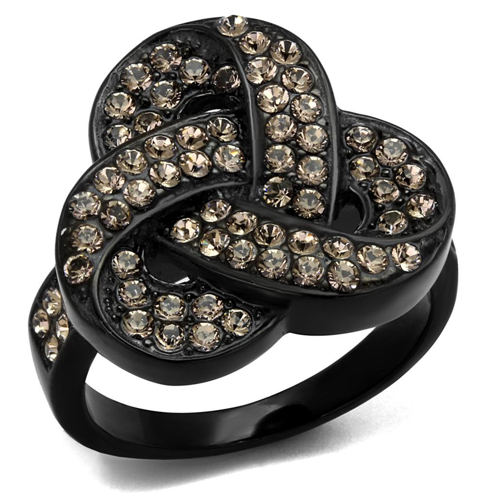 JCE2347 IP Black(Ion Plating) Stainless Steel Ring with Top Grade Crystal  in Light Smoked
