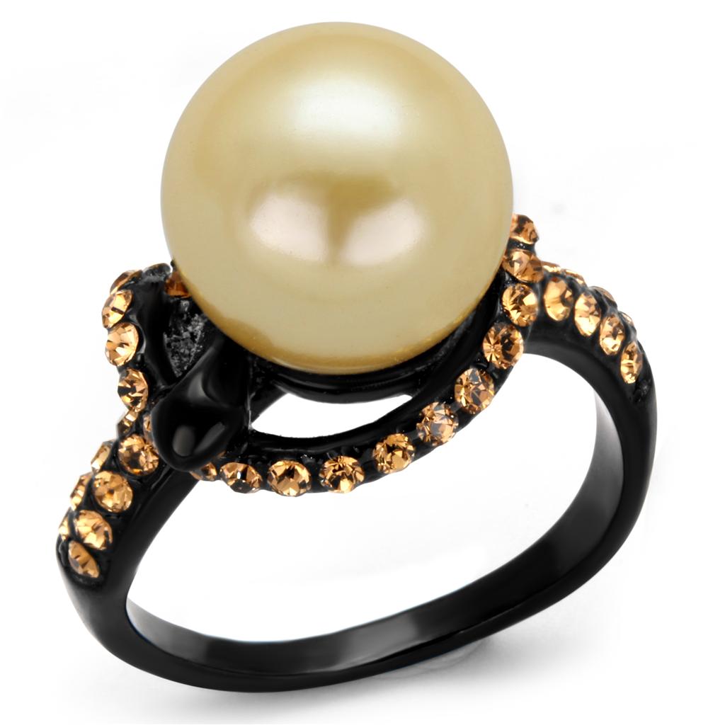 JCE2349 IP Black(Ion Plating) Stainless Steel Ring with Synthetic Pearl in Topaz