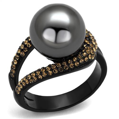 JCE2350 IP Black(Ion Plating) Stainless Steel Ring with Synthetic Pearl in Gray