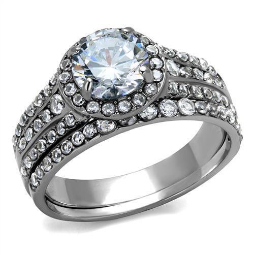JCE2476 High polished (no plating) Stainless Steel Ring with AAA Grade CZ  in Clear