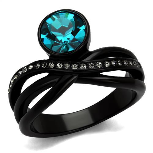 JCE2488 IP Black(Ion Plating) Stainless Steel Ring with Top Grade Crystal  in Blue Zircon