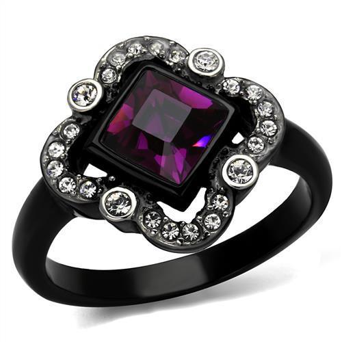 JCE2489 Two-Tone IP Black Stainless Steel Ring with Top Grade Crystal  in Fuchsia
