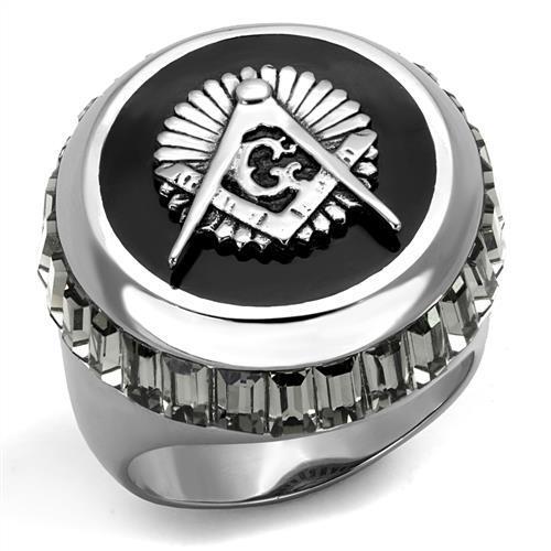 JCE2666 High polished (no plating) Stainless Steel Ring with Top Grade Crystal  in Jet