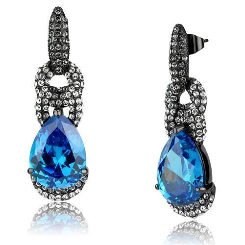 JCE2708 IP Light Black (IP Gun) Stainless Steel Earrings with AAA Grade CZ in Sea Blue