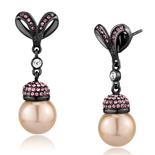 JCE2710 IP Light Black (IP Gun) Stainless Steel Earrings with Synthetic Pearl in Rose
