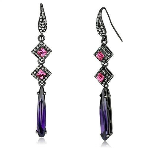 JCE2712 IP Light Black (IP Gun) Stainless Steel Earrings with AAA Grade CZ in Amethyst