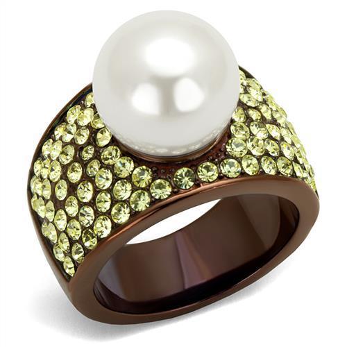 JCE2715 IP Coffee light Stainless Steel Ring with Synthetic Pearl in White