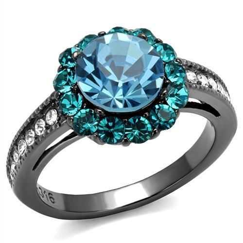 JCE2716 IP Light Black  (IP Gun) Stainless Steel Ring with Top Grade Crystal  in Sea Blue
