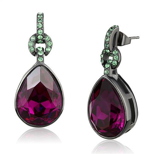 JCE2726 IP Light Black (IP Gun) Stainless Steel Earrings with Top Grade Crystal in Fuchsia