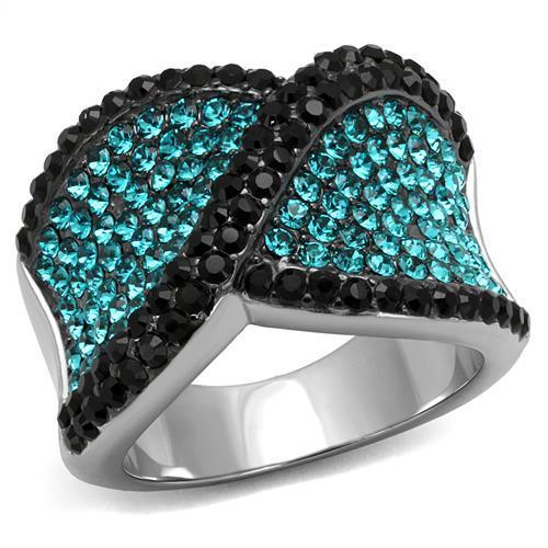 JCE2764 Two-Tone IP Black Stainless Steel Ring with Top Grade Crystal  in Blue Zircon