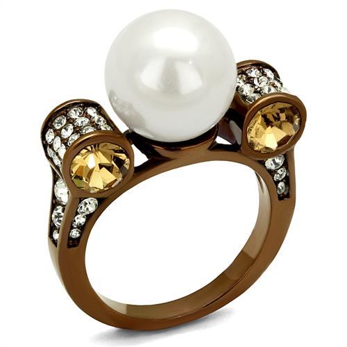 JCE2774 IP Coffee light Stainless Steel Ring with Synthetic Pearl in White