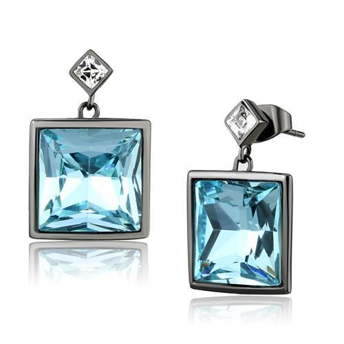 JCE2788 IP Light Black (IP Gun) Stainless Steel Earrings with Top Grade Crystal in Sea Blue