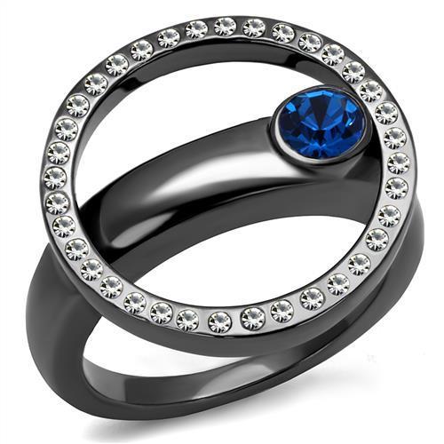JCE2974 IP Light Black  (IP Gun) Stainless Steel Ring with Top Grade Crystal  in Capri Blue