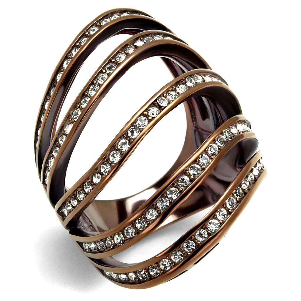 JCE2985 IP Coffee light Stainless Steel Ring with Top Grade Crystal  in Clear