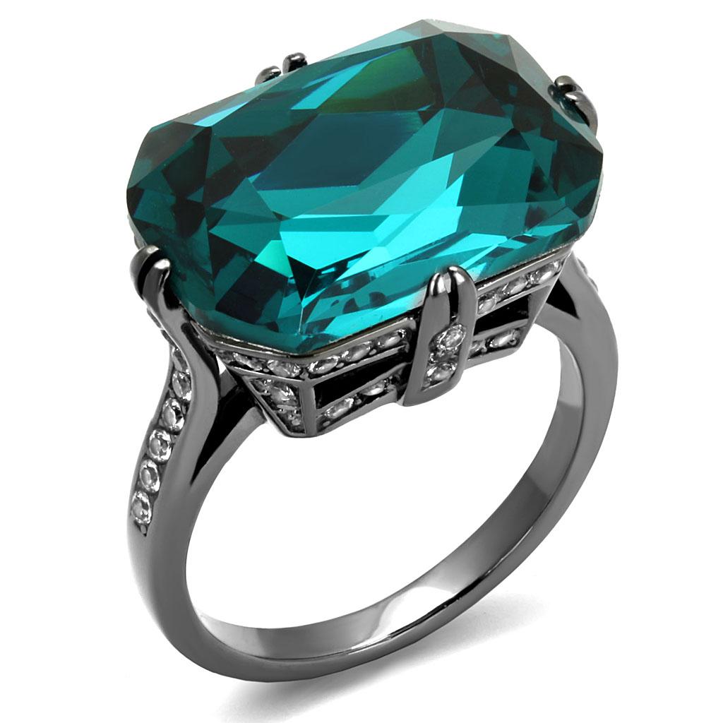 JCE2998 IP Light Black  (IP Gun) Stainless Steel Ring with Top Grade Crystal  in Blue Zircon