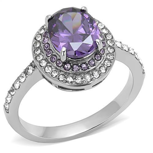 JCE3032 High polished (no plating) Stainless Steel Ring with AAA Grade CZ  in Amethyst