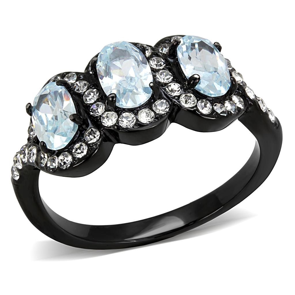 JCE3050 IP Black(Ion Plating) Stainless Steel Ring with AAA Grade CZ  in Sea Blue