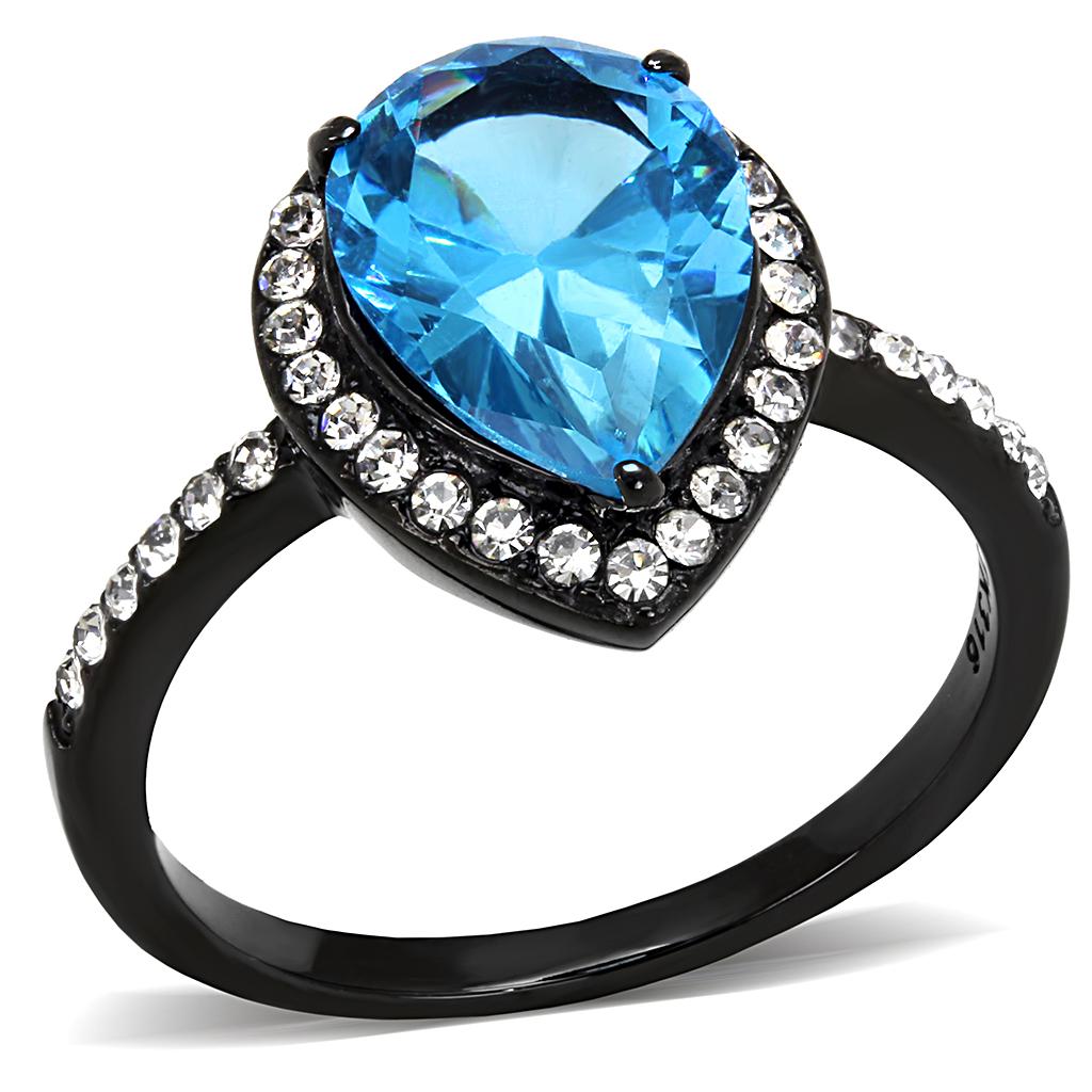 JCE3057 IP Black(Ion Plating) Stainless Steel Ring with Synthetic Synthetic Glass in Sea Blue