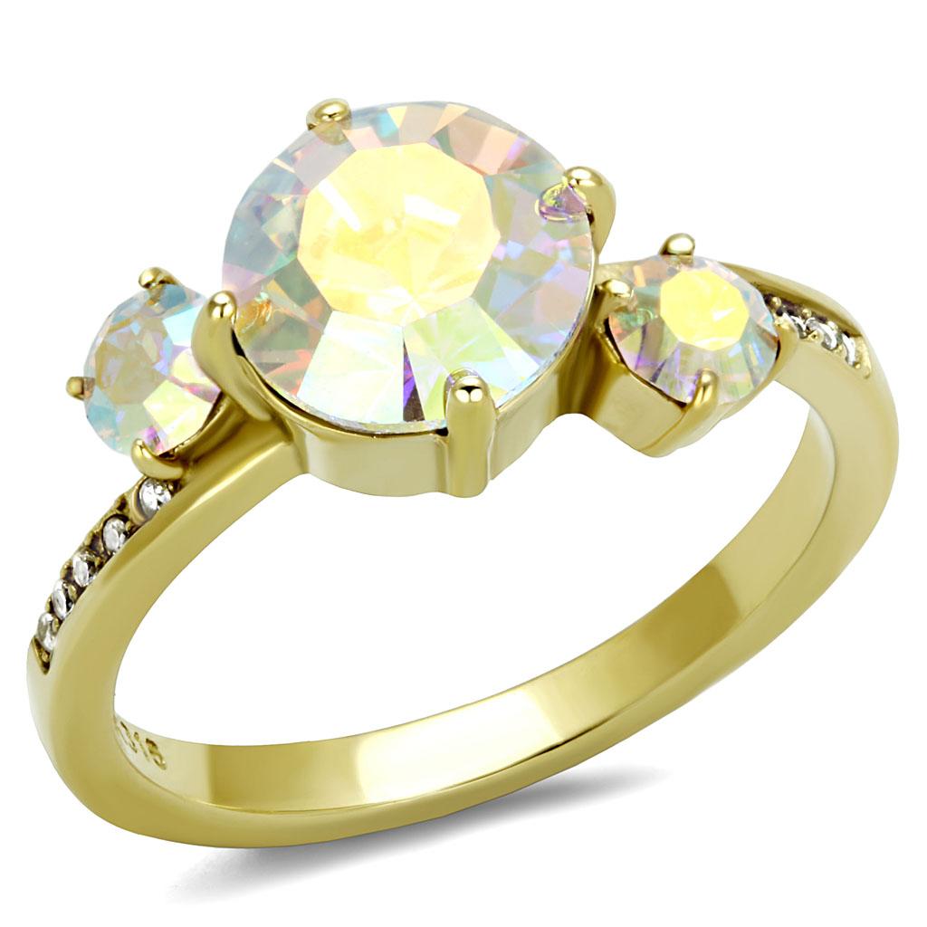 JCE3095 IP Gold(Ion Plating) Stainless Steel Ring with Top Grade Crystal  in Multi Color