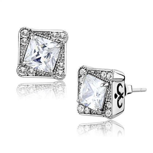 JCE3104 High polished (no plating) Stainless Steel Earrings with AAA Grade CZ  in Clear