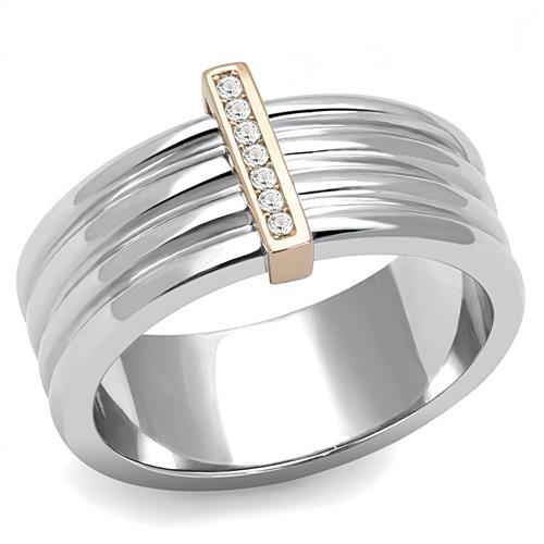 JCE3176 Two-Tone IP Rose Gold Stainless Steel Ring with Top Grade Crystal  in Clear