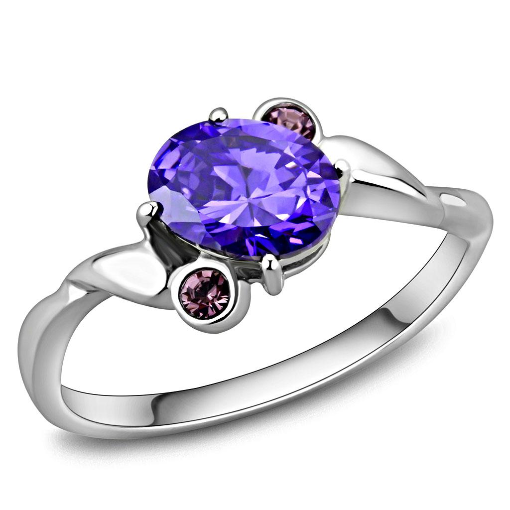 JCE3525 High polished (no plating) Stainless Steel Ring with AAA Grade CZ  in Tanzanite